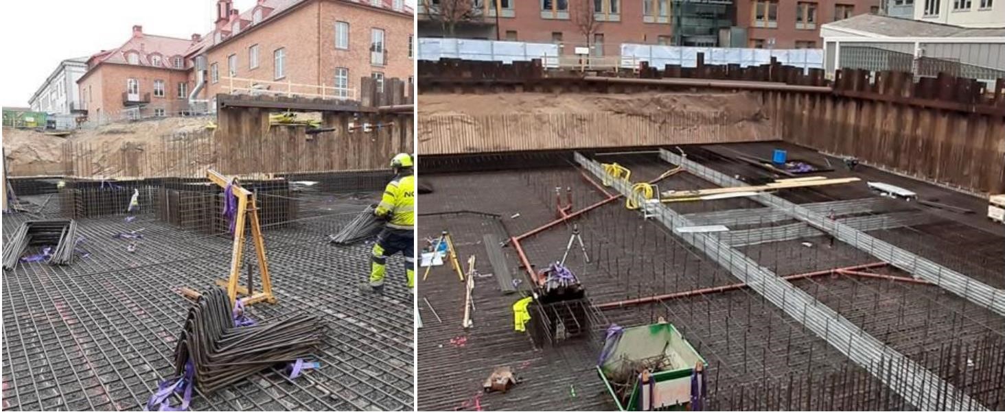 Bildkollage. Bild 1: Byggarbetsplatsen nere i gropen, en byggarbetare bär på armeringsjärn. Bild 2: Byggarbetsplatsen sett från Hus 01.