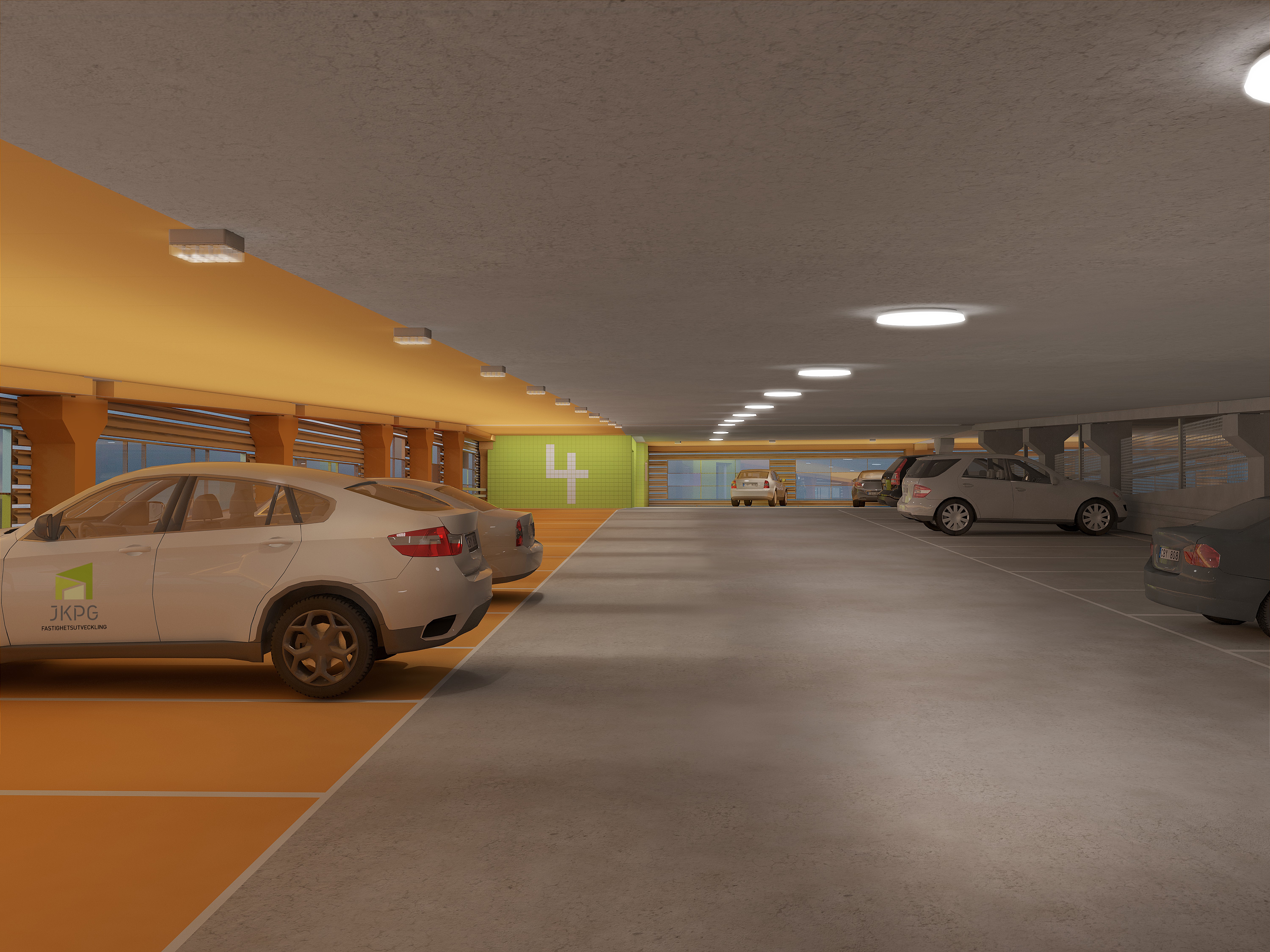 Illustrationsbild inifrån p-hus Övertaget. Flera bilar står parkerade, däribland en vit bil med JKPG Fasts logotyp på.