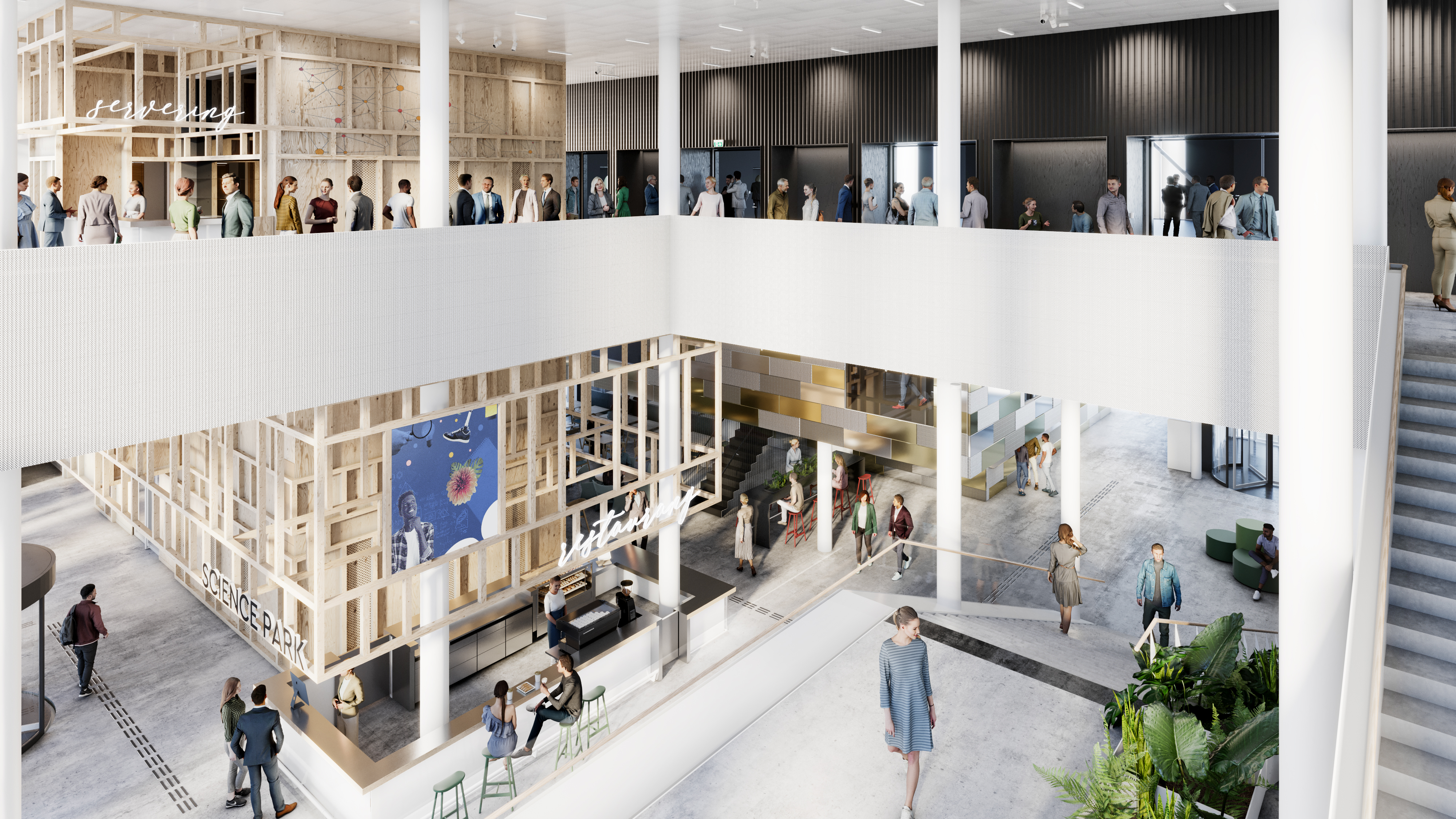 Science Park Towers entréplan med infopoint, trappa upp till eventlokalerna och restaurangen i bakgrunden.
