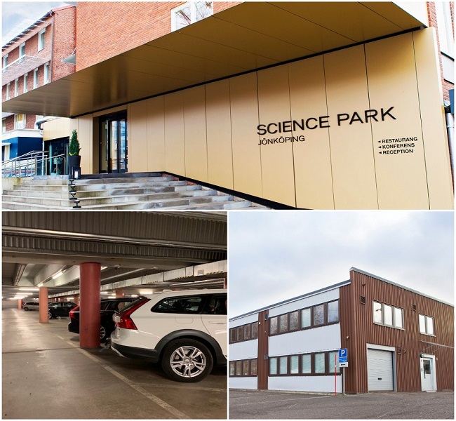 Collage föreställande Science Parks entrébyggnad, garagehuset på Science Park, samt en av fastigheterna på Industribyn Ljungarum.