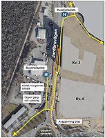 Kartbild över hur gång- och cykeltrafik kan ta sig fram i området och hur biltrafik dras om. Flygbild över området med kvarter, vägar och busshållplats finns utmarkerat.