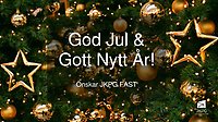Julkort föreställande en julgran och hälsningen "God jul och gott nytt år, önskar JKPG Fast"