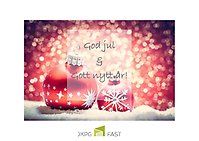 Julkort 2021. Två röda julgranskulor och med texten: God jul och Gott nytt år!